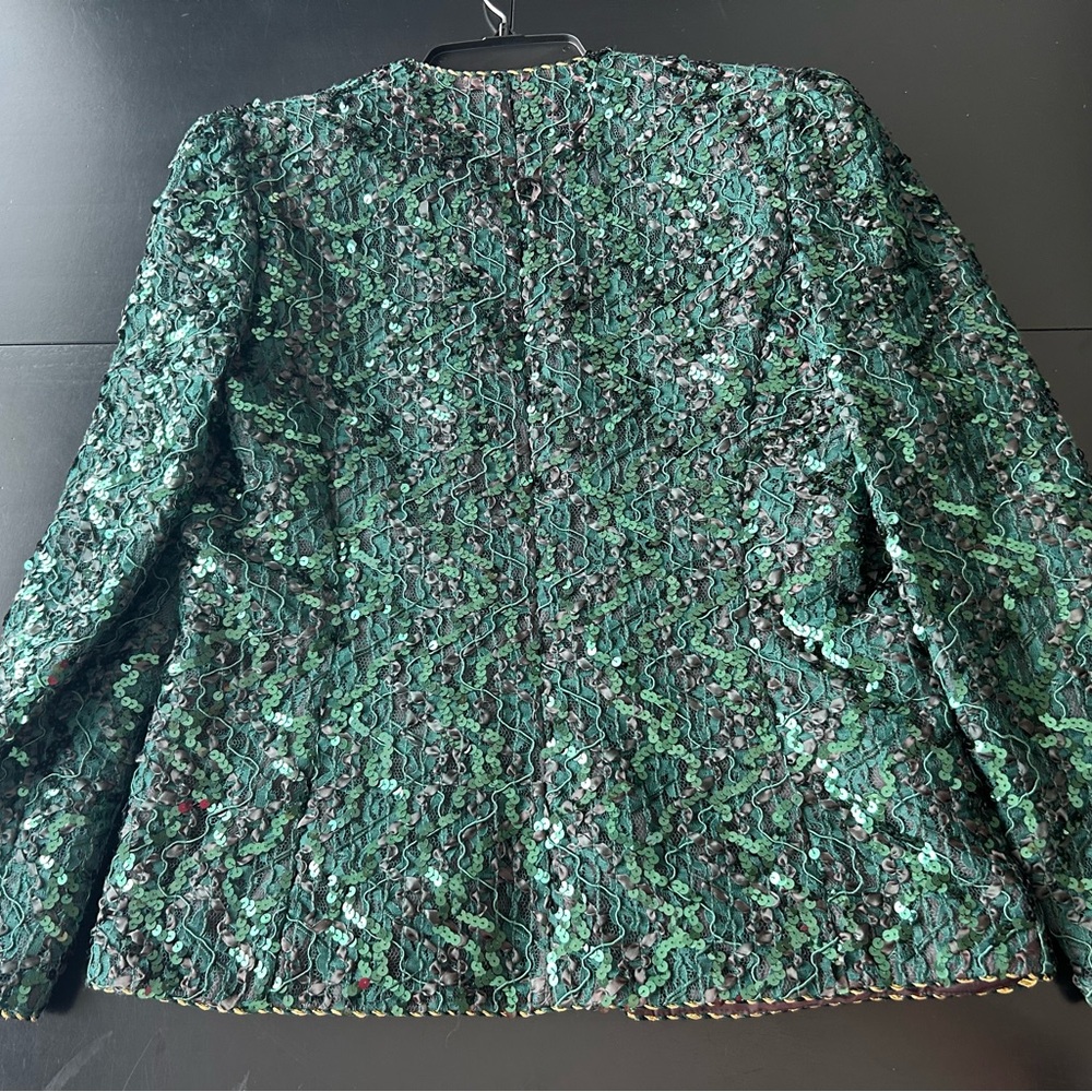 Karen Lawrence By Matthew Sequin Jacket Green 8 Vintage Gold Cord Detail Glam - Picture 13 of 15